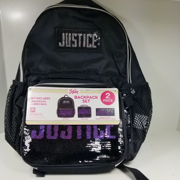 Justice reversible Sequin Backpack and Lunch Tote 2-Piece Black Purple Silver - Picture 2 of 12